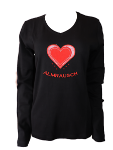 Almrausch señora país casa camisa manga larga camisa corazón negro algodón talla S L XL