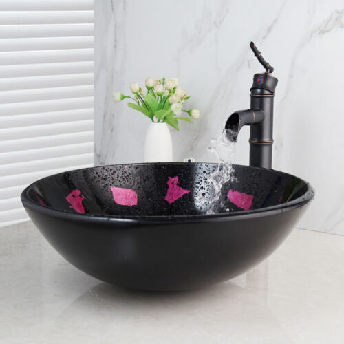 Purple Round Basin Tempered Glass Oil Rubbed Brozne Waterfall Spout Faucet Combo 