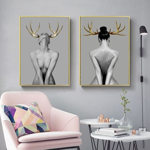 Sex Girl Canvas Painting Figure Women Antler Fashion Black Wall Art Home Decor