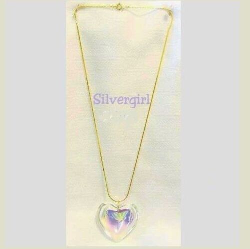 Sterling Silver OR Gold Plated Chain Shimmery Large Puff AB Glass Heart Necklace 
