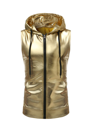 Men Night Club Jacket Sleeveless Vest Coat Hoodie Tops Metallic Shiny Club-wear