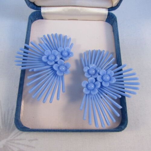 Details about   Vintage Mid-Century Old Stock Blue Plastic Floral Ear Climbers Clip Earrings 