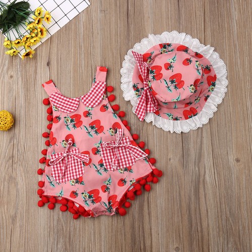 Infant Newborn Baby Girl Boho Romper Bodysuit+Lace Hat Outfits Clothes Sunsuit