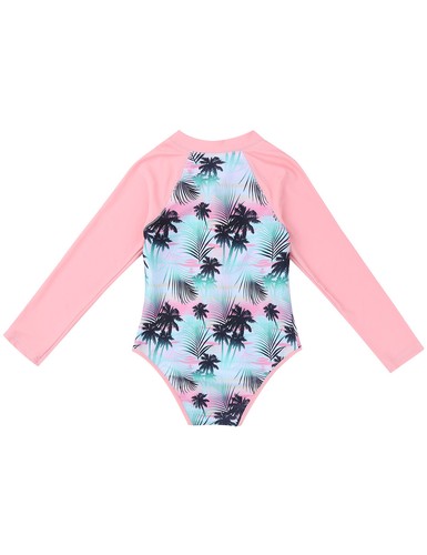 Kids Girls Two-pieces Long Sleeve Swimsuit Palm Printed Zippered Bathing Suits