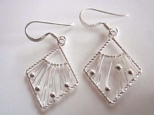 Parallelogram and Tiny Silver Beads Earrings 925 Sterling Silver Dangle