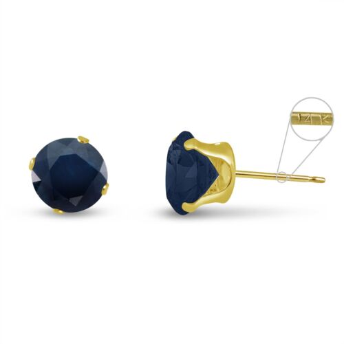 Solid 14K Yellow Gold Round Genuine Blue Sapphire September Stud Earrings 