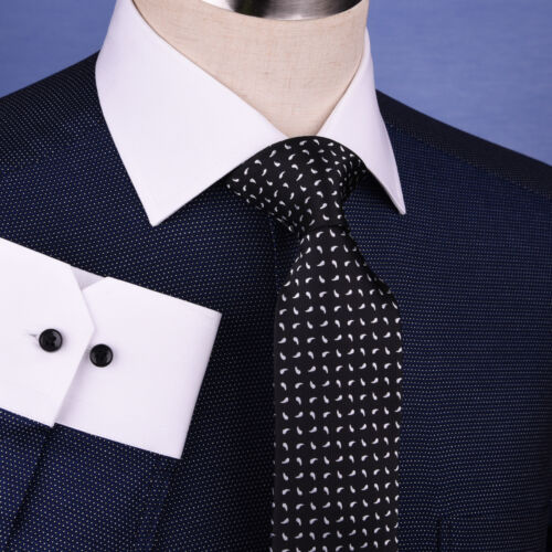Dark Navy DOT With White Contrast Collar /& Cuff For Formal Business Dress Shirt