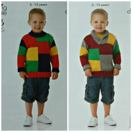 Knitting Pattern Childrens ROUNDNECK ou rouleau Col Patchwork Pull Chunky 3856