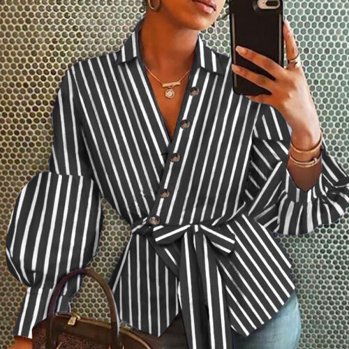 Women Puff Sleeve Party Tops Striped V Neck Formal Shirt Loose Blouse Basic Tee