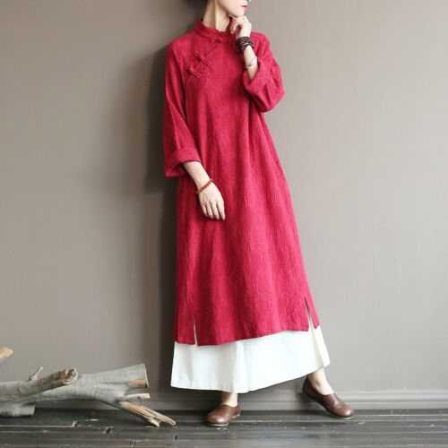 Ethnic Womens Maxi Dress Cotton Linen 3/4 Sleeve Retro Chinese Loose Robes Qipao 