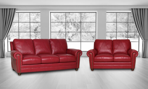 New Luke Leather /"Weston/" Cherry Red Italian Leather Sofa and Loveseat