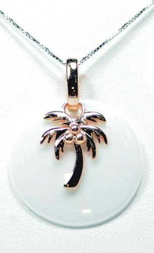 ROUND DISC WHITE CERAMIC ROSE GOLD ON STERLING SILVER HAWAIIAN PALM TREE PENDANT