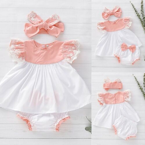 Newborn Baby Girl Kid Floral Lace Dress Tops+Bow PP Shorts+Headband Outfits Sets 