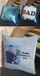 Personalised magic BLUE sequin cushion photo image Fathers Day gift 