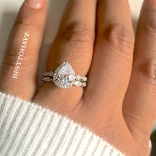 925 Silver Ladies 2 piece Wedding Engagement Teardrop//Pear Cut Halo Ring Set