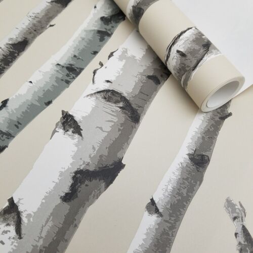 Brewster Lodge Beige Gray Cream Birch Tree Realistic Forest 3D Grey Wallpaper