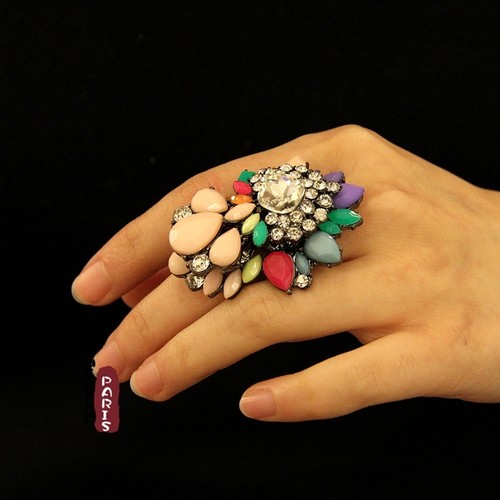 Bague Femme Grosse Fleur Rose Vert Rouge Cristal Original Soirée Mariage Z1