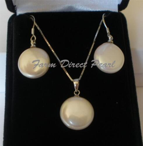 Genuine White Coin Pearl Pendant Necklace Earring SET Cultured Freshwater Silver 
