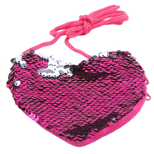 Children Girl Sequin Heart Shaped Bag Messenger Cartoon Wallet Purse Coin Bag LC 