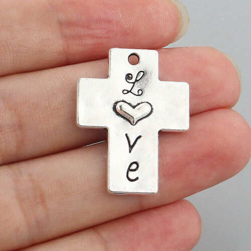 10Pcs Antique Silver Cross Charms Carve Heart & LOVE Letter Pendants 31*24mm 