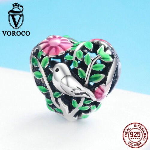 Voroco Colorful Bird Forest Charm 925 Sterling Silver Bead For Women Snake Chain