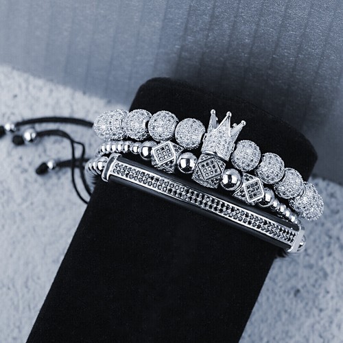 Fashion Luxe Hommes Zircone Cubique Boules Couronne Tressé Bracelets Réglable