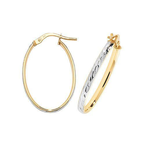 9ct Yellow//White Gold 15mm Diamond-cut Outer Oval Hoops Womens Earrings Boxed