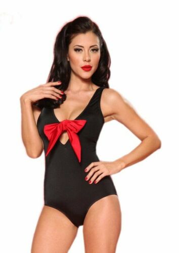 Bettie Page Tank Swimsuit BLACK Big Red Bow Deep Cleavage 40/'s 50/'s 80/'s New