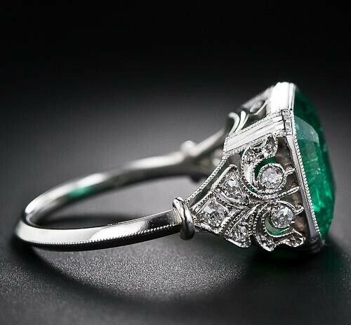 3.50CT Asscher Cut Green Emerald Solitaire Engagement Ring 14K White Gold Finish