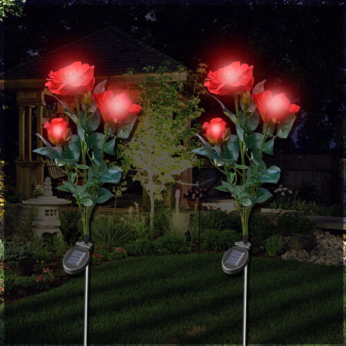2Pcs Solar Powered Rose Flowers 3 LED Lights Outdoor Garden Yard Lawn Decor Lamp 
