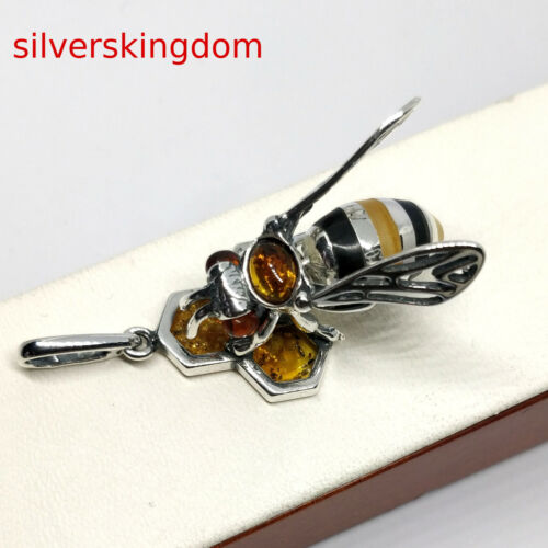 Full Colour Bee on Honey  Baltic Amber Pendant on  Silver 925.