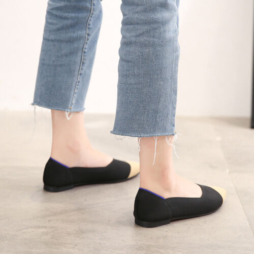 Beige Color Mixing Flats Slip On Knitting Fabric Soft Comfy Walking Women Shoes