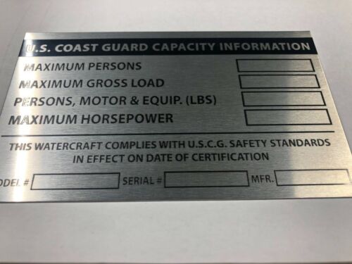 BOAT CAPACITY Aluminum Plate Custom Engraved Bass Tracker Weldcraft Free Ship 