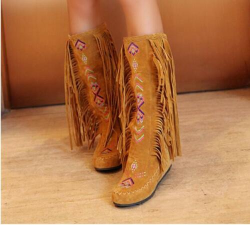Details about  / Fall Casual Lady Shoes Bohemia Suede Tassel Embroidery Moccasin Knee High Boots