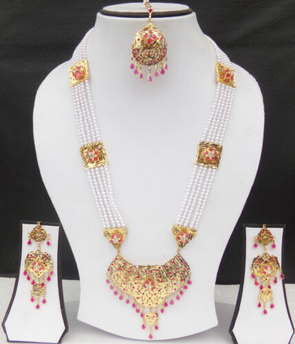 Ethnic South Indian Bridal Jewelry Traditional Pearl Necklace Earrings Tikka Set 