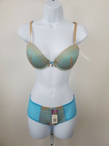 Hers by Herman Lingerie Turquoise Lavender  Lace Demi Bra Pantie Set NWT 