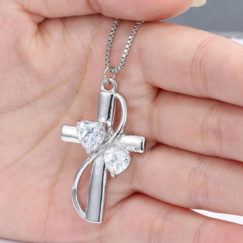 Women Men Crystal Cross Heart Pendant Necklace Chain Gift Silver Tone Jewelry