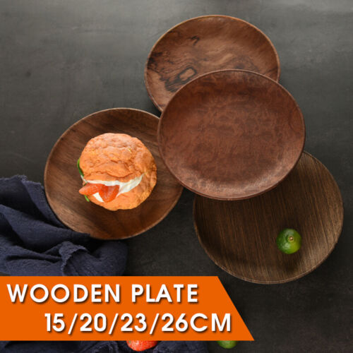 Round Wood Plate Natural Wooden Dish Tray Meal Fruit Bread Snack Serving