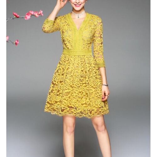 Elegante raffinato abito vestito donna scampanato giallo slim morbido 3471