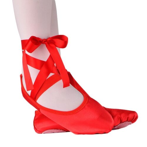 Girls Soft Pointed Ballet Shoes Ribbon Strap Yaga Training Toe Shoes Pure Color