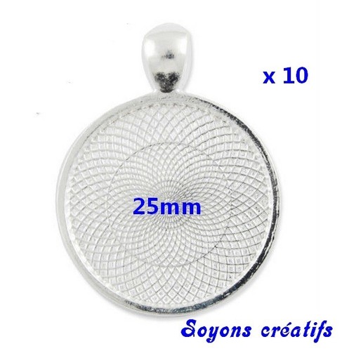 x10 Support pendentif rond argenté pour cabochon 25mm
