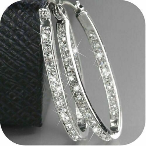 Large Bling Hoop CZ Crystal Bridal Round Rhinestone Huggie Earrings Jewelry Gift 
