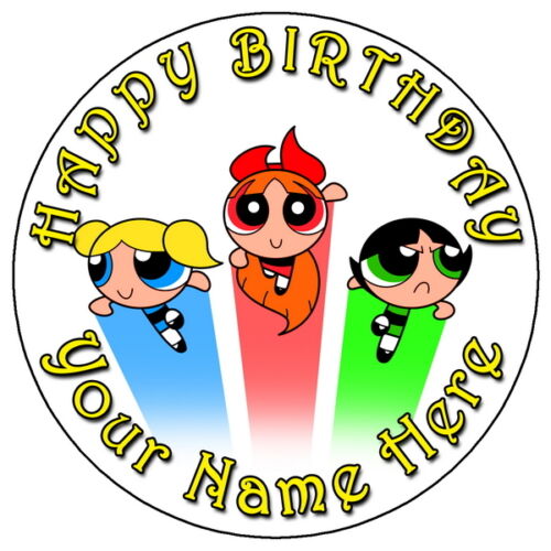 POWERPUFF GIRLS FUN PARTY 7.5&#034; PERSONALISED ROUND EDIBLE ICING CAKE TOPPER (6)