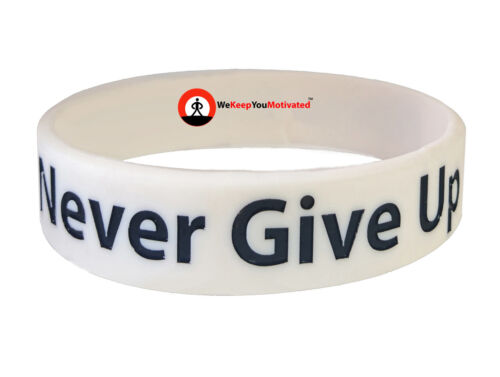 NEVER GIVE UP (White) Wristband Motivational Inspirational Ionic Negative Ion