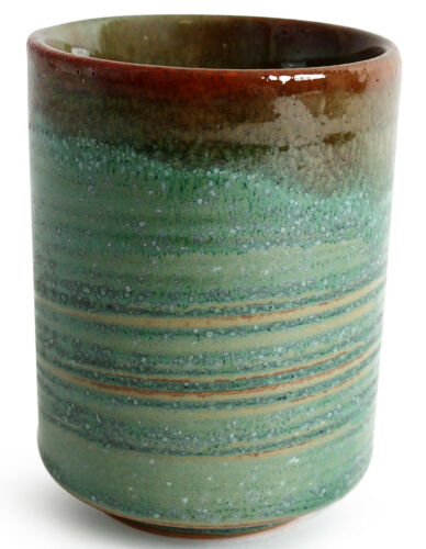 Mino ware Japanese Pottery Yunomi Chawan Tea Cup Fern Green w//Brown Glaze Stripe
