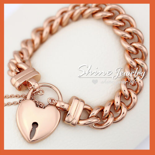9K PLAIN ROSE GOLD GF HEART PADLOCK CHARM SOLID CUBAN CURB CHAIN BANGLE BRACELET