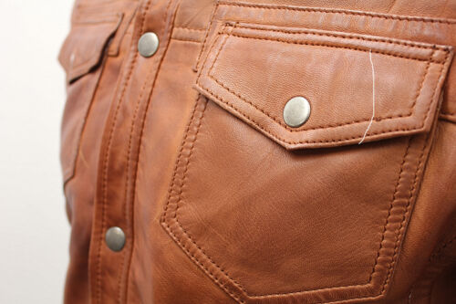 Men/'s Tan Leather Vintage Jeans Shirt Jacket