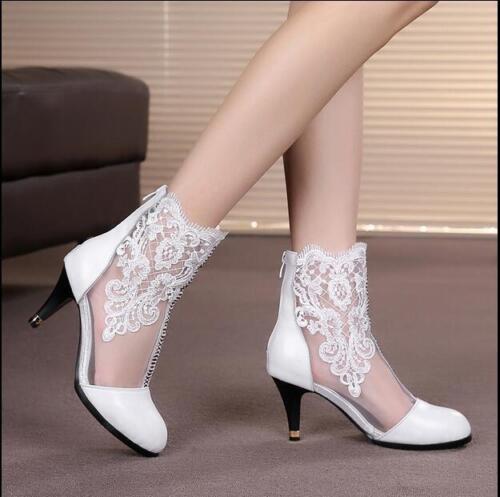 new Womens Lace Floral Mesh Ankle Boots Kitten Mid heels Party Dress Pumps Shoes