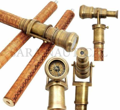 Brass Telescope Head Handle Vintage Wooden Leather Cane Walking Stick Gift 