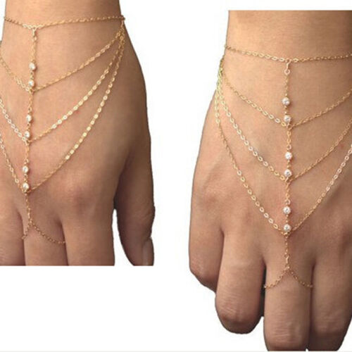 Celebrity Vintage Chain Tassel Bracelet Bangle Slave Finger Ring Hand Harness SH 